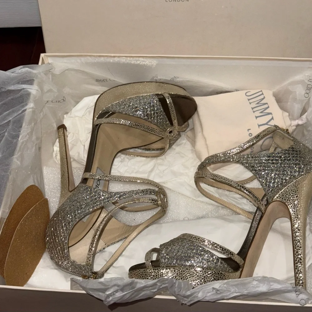 Jimmy Choo Champagne Sierra Glittercoated Snakeprint leather pumps - Picture 5 of 5